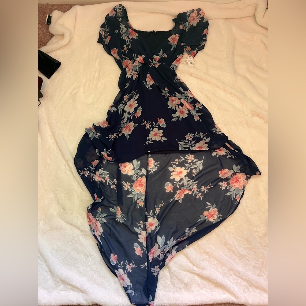 AUW Navy Floral High Low Dress